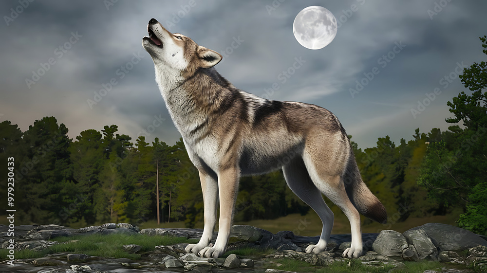 Naklejka premium A gray wolf in a forest howls at the moon at evening. 