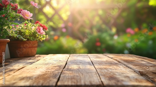 A sunlit wooden table in a garden, surrounded by colorful flowers in pots.