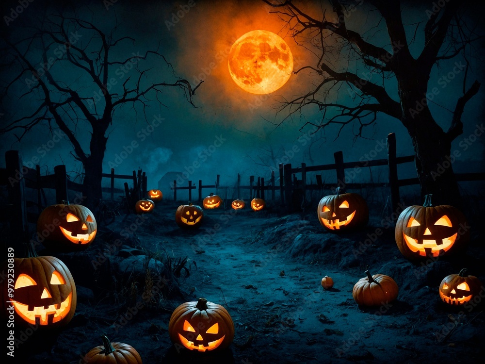 Fototapeta premium A carved halloween pumpkins with glowing eyes and smiles, scary trees silhouettes at full moon night. Fall autumn season Samhain holiday Jack-o-Lantern spooky vintage post card illustration.