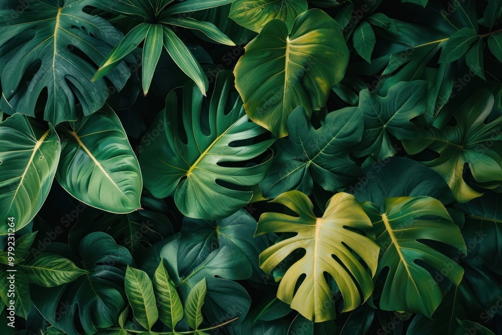Fototapeta premium Flatlay tropical green leaves nature leaf jungle.