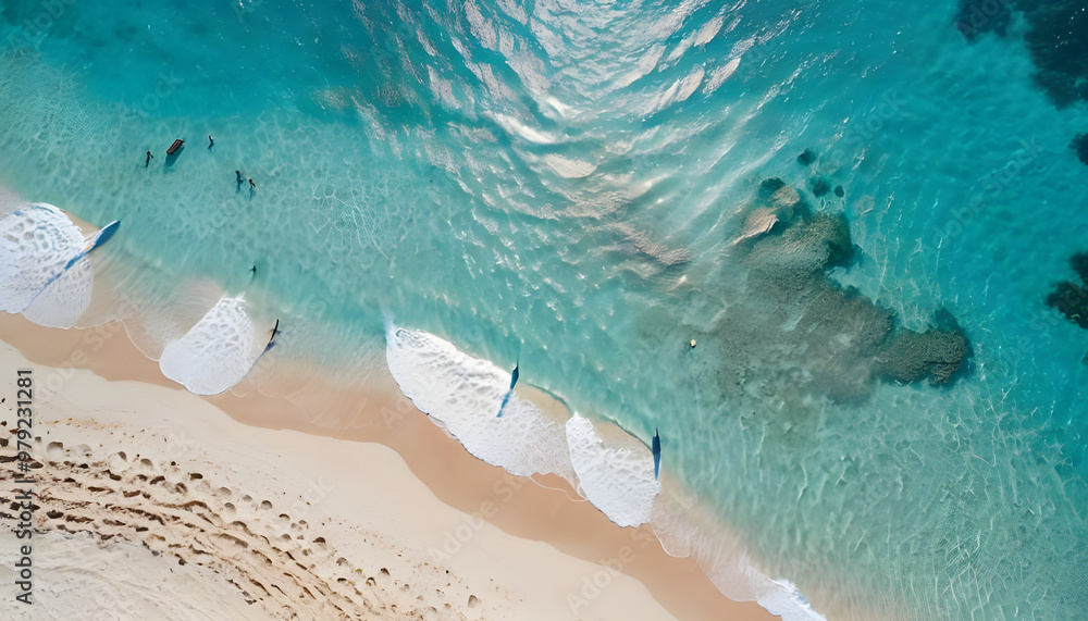 Obraz premium Aerial view tropical beach crystal clear turquoise water sandy beach minimalist composition dreamy atmosphere