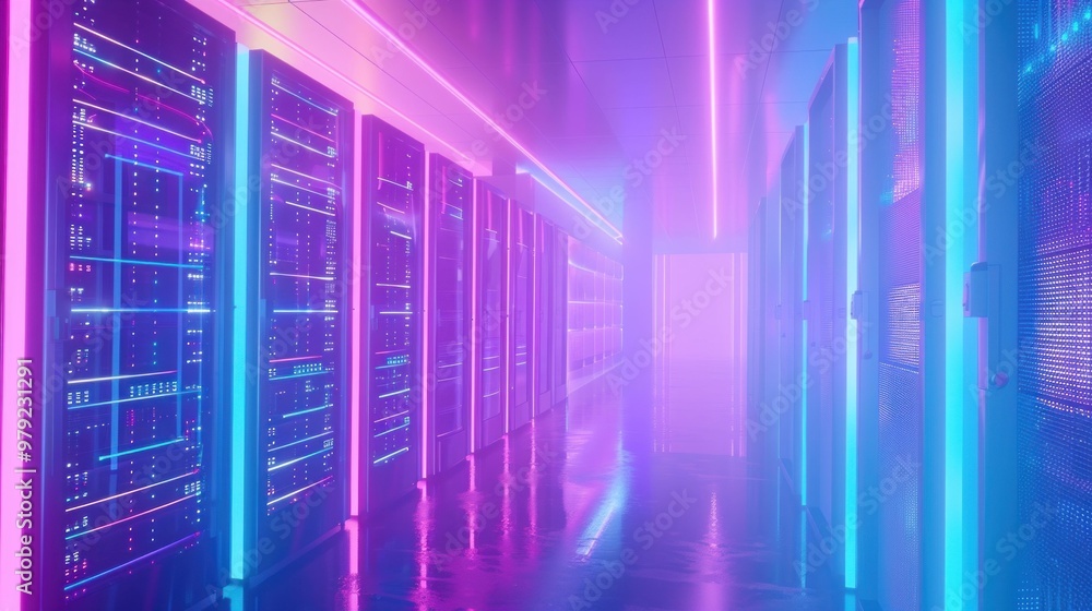 Neon lit server room with glowing panels and misty atmosphere in vibrant pink and blue hues Neon lit server room with glowing panels and misty atmosphere in vibrant pink and blue hues