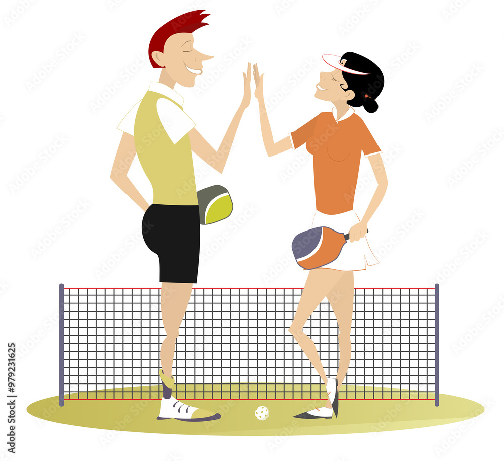 Man and woman play pickleball.
Pickleball court. Man and woman congratulate one another with a good shot
Man and woman play pickleball.
Pickleball court. Man and woman congratulate one another with a good shot