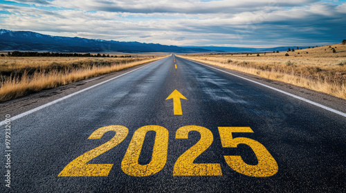 Wallpaper Mural long, straight road stretching toward the horizon with "2025" painted in large yellow numbers on the asphalt. An arrow points forward, symbolizing progress and the future Torontodigital.ca
