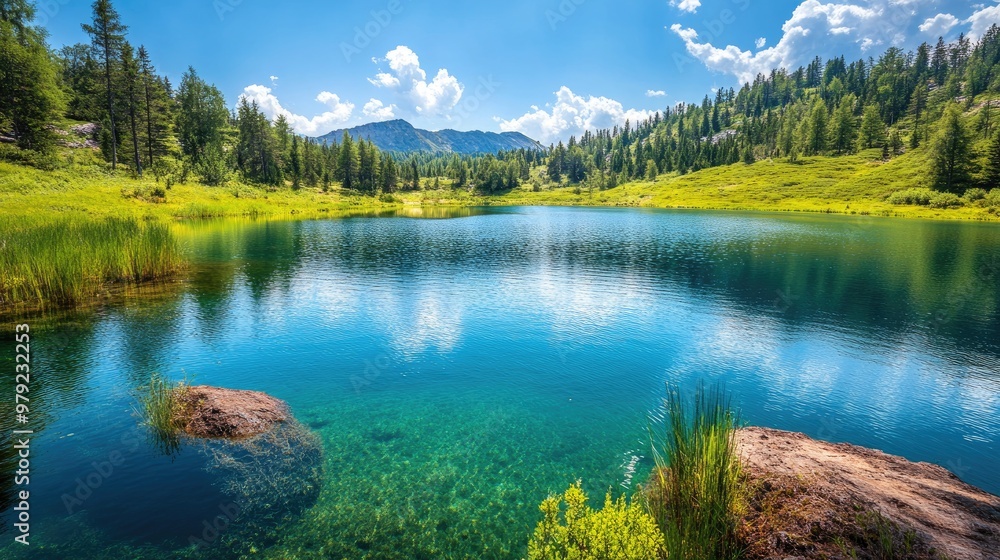Naklejka premium A peaceful lake with crystal-clear emerald water, nestled in a picturesque landscape of forests and hills.