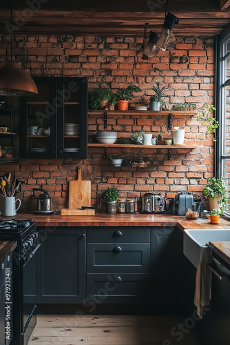 A cozy modern kitchen with exposed brick walls, dark cabinetry, and natural wood countertops photo