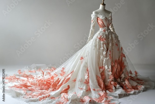 white and coral pink birds royal bridal gown ,beautifully decorated modest royal wedding dress with a long train, mannequin photo