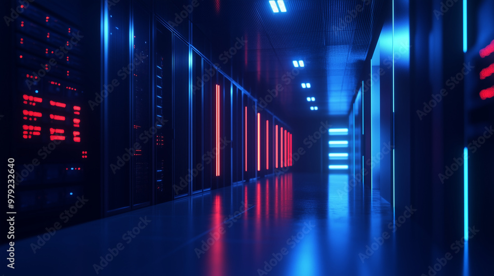 Fototapeta premium Server racks in computer network security server room data center 3D render dark blue. 3d waiter