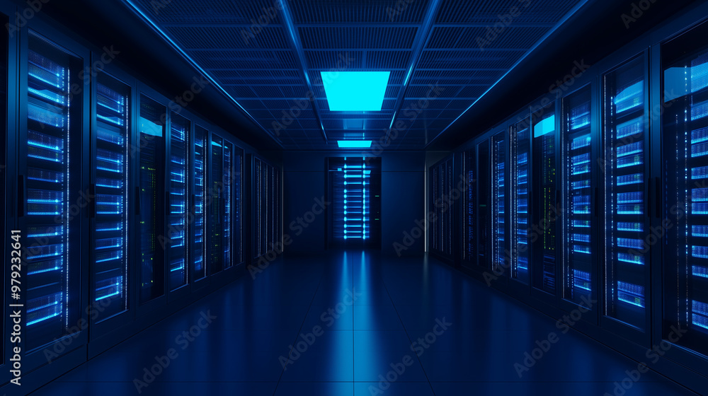 Server racks in computer network security server room data center 3D render dark blue. 3d waiter Server racks in computer network security server room data center 3D render dark blue. 3d waiter