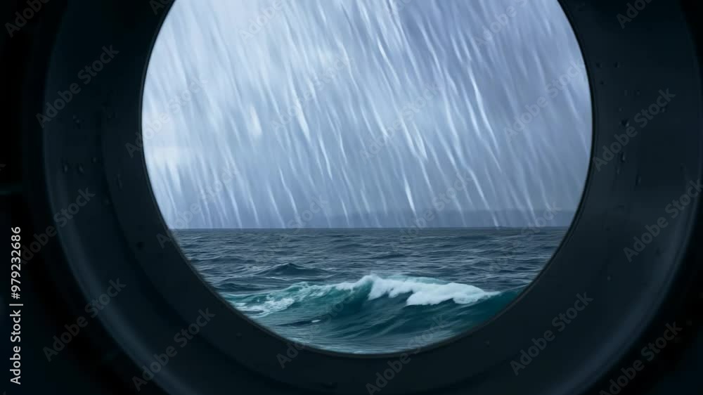 View of Rainy Ocean Through Porthole Window on Overcast Day View of Rainy Ocean Through Porthole Window on Overcast Day