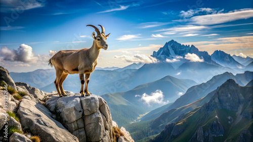 A majestic goat standing proudly on a rugged mountain peak, goat, mountain, wilderness, nature, wildlife, majestic, rugged, peak