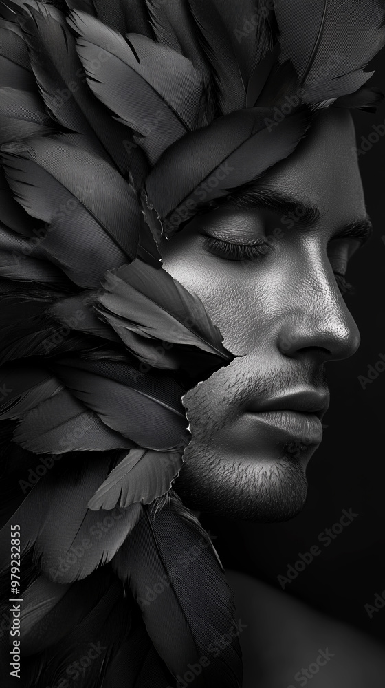 Monochrome man in black swan feathers. Monochrome man in black swan feathers.