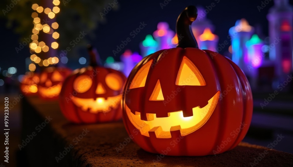 Fototapeta premium Glowing jackolanterns at night festive Halloween decorations