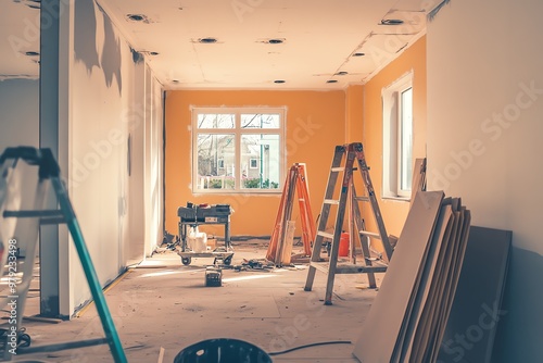 Empty room under renovation with ladders, tools, and construction materials scattered around in bright daylight. photo