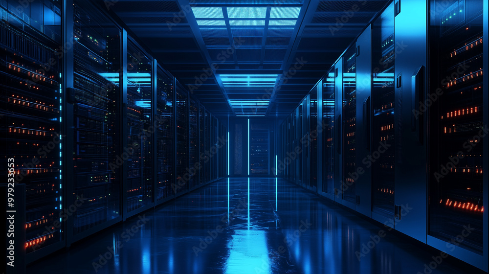 Server racks in computer network security server room data center 3D render dark blue. 3d waiter Server racks in computer network security server room data center 3D render dark blue. 3d waiter