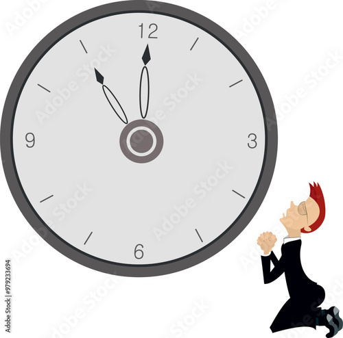 Businessman. Time concept. Deadline.
Businessman praying on the knees to the clock. Pushing back hour concept

