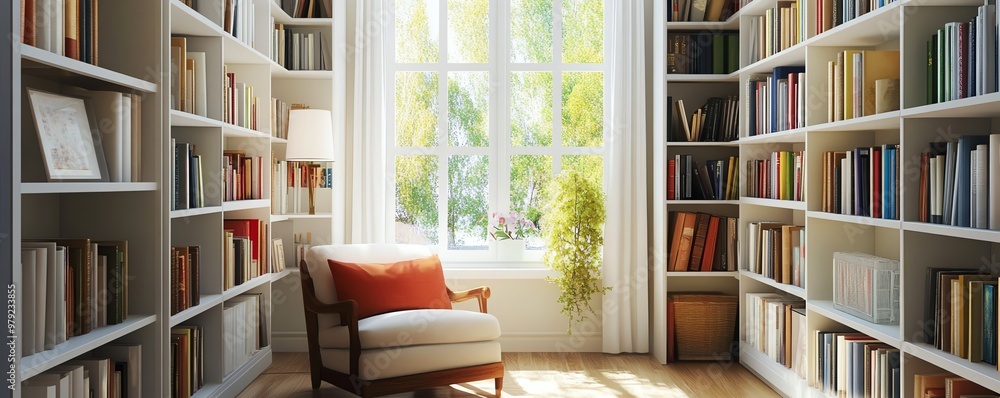 Cozy home library with comfortable chair, bookshelves filled with books, and a large window letting in natural light. Cozy home library with comfortable chair, bookshelves filled with books, and a large window letting in natural light.