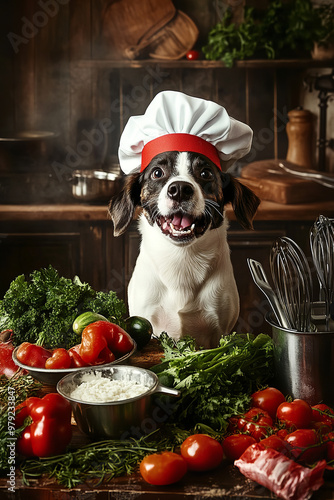 A playful dog wearing a chef's hat stands in a kitchen with fresh vegetables and cooking utensils photo