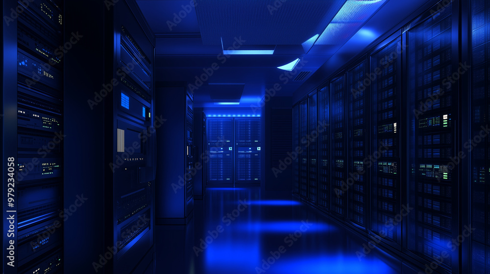 Server racks in computer network security server room data center 3D render dark blue. 3d waiter Server racks in computer network security server room data center 3D render dark blue. 3d waiter