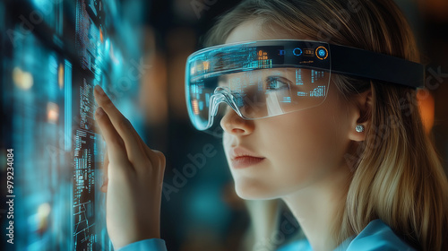 beautiful business woman with transparent VR big glasses touching olographic screen with kpi graphics and projects data photo