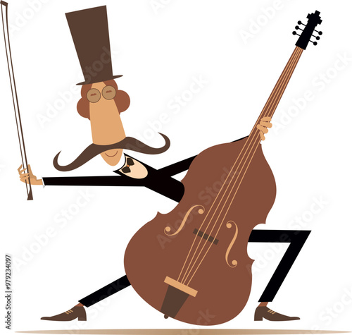 Cartoon long mustache cellist in the top hat. 
Smiling mustache man in the top hat with cello and fiddlestick. On white background
