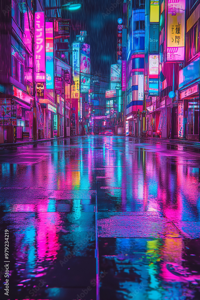 Fototapeta premium A rainy street in Tokyo, devoid of cars, reflecting vibrant neon lights from surrounding signs and buildings