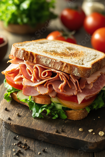 A sandwich made with homemade bread, fresh vegetables, and deli meat photo