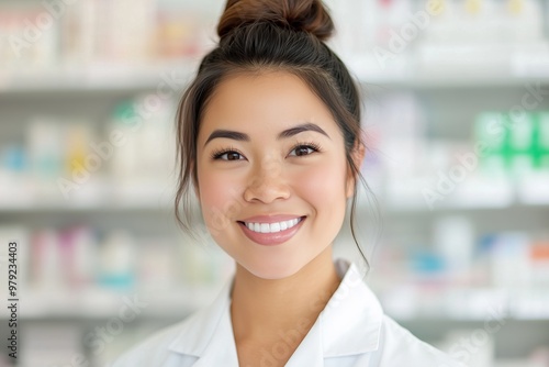 Free Download smiling woman pharmacy worker wearing white uniform pharmacy in the background - GFXLoad