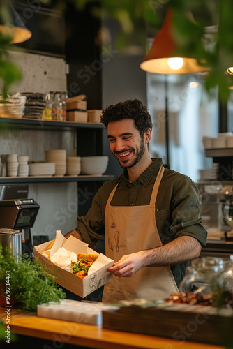 Obraz na płótnie A smiling waiter and owner of a small family eatery serves takeaway food to customers at the counter w salonie