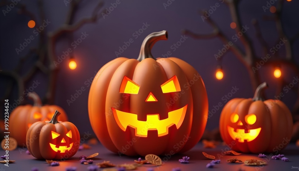 Spooky Halloween pumpkins with glowing faces and purple flowers Spooky Halloween pumpkins with glowing faces and purple flowers