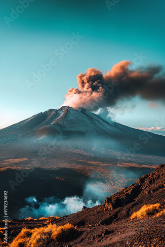 A stunning view of Mount Etna in Sicily, smoke rising from the active volcano against the sky photo