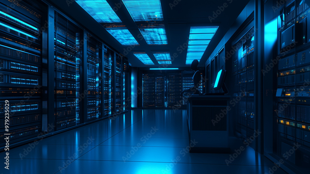 Server racks in computer network security server room data center 3D render dark blue. 3d waiter Server racks in computer network security server room data center 3D render dark blue. 3d waiter