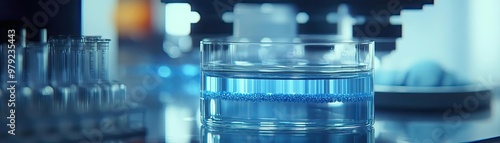 Close-up of laboratory glassware containing blue liquid, ideal for scientific, research, or medical themes. photo