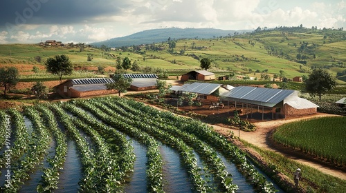 A rural farming community using a water-powered system to irrigate fields and generate electricity photo