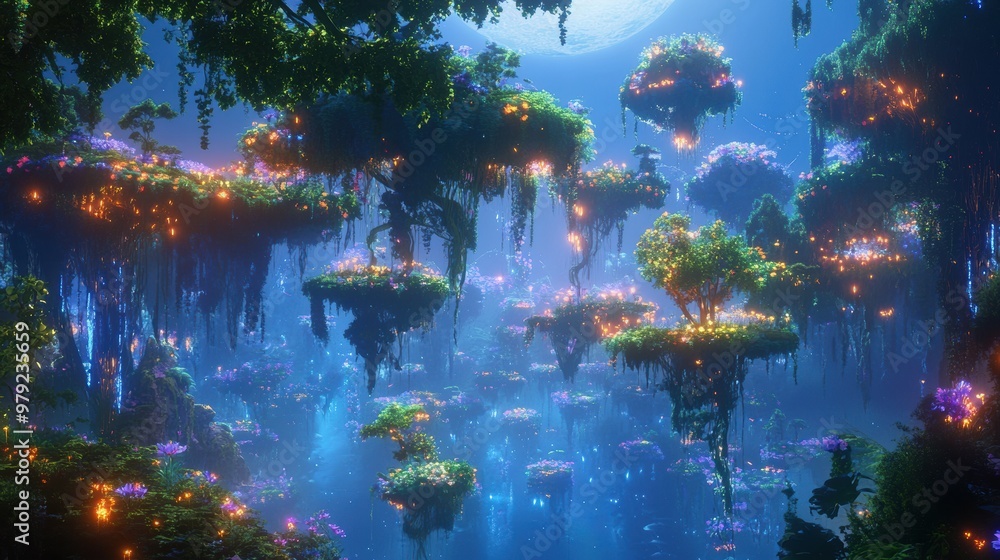 A surreal floating landscape with lush greenery and glowing flora under a moonlit sky. A surreal floating landscape with lush greenery and glowing flora under a moonlit sky.