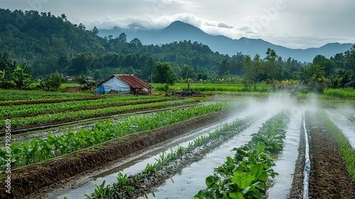 A rural farming community using a water-powered system to irrigate fields and generate electricity photo