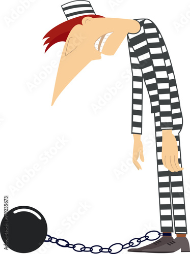 Sad prisoner man chained by an iron ball to his foot. 
Jail. Cartoon prisoner man with an iron ball chained to his foot
