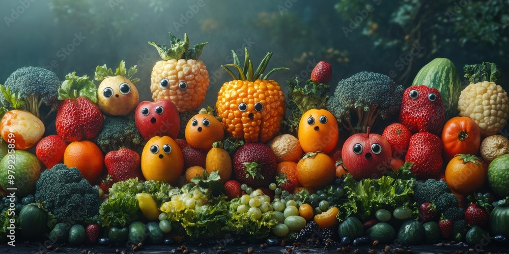 A playful metropolis where animated fruits and vegetables with eyes bring enchantment and fun to the streets A playful metropolis where animated fruits and vegetables with eyes bring enchantment and fun to the streets