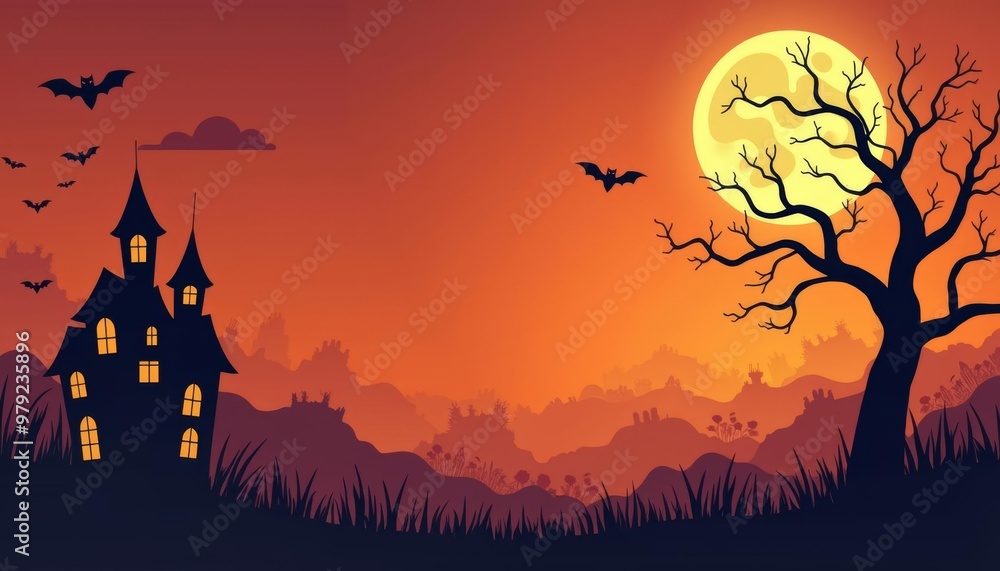Eerie Halloween night scene with spooky mansion and bats Eerie Halloween night scene with spooky mansion and bats