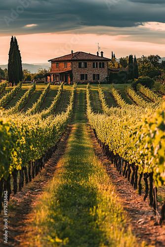 An Italian vineyard with rows of grapevines and a rustic farmhouse in the distance