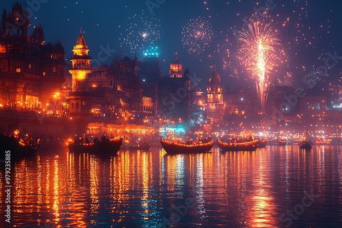 A vibrant city on the river celebrates a festival with fireworks and illuminated boats. photo