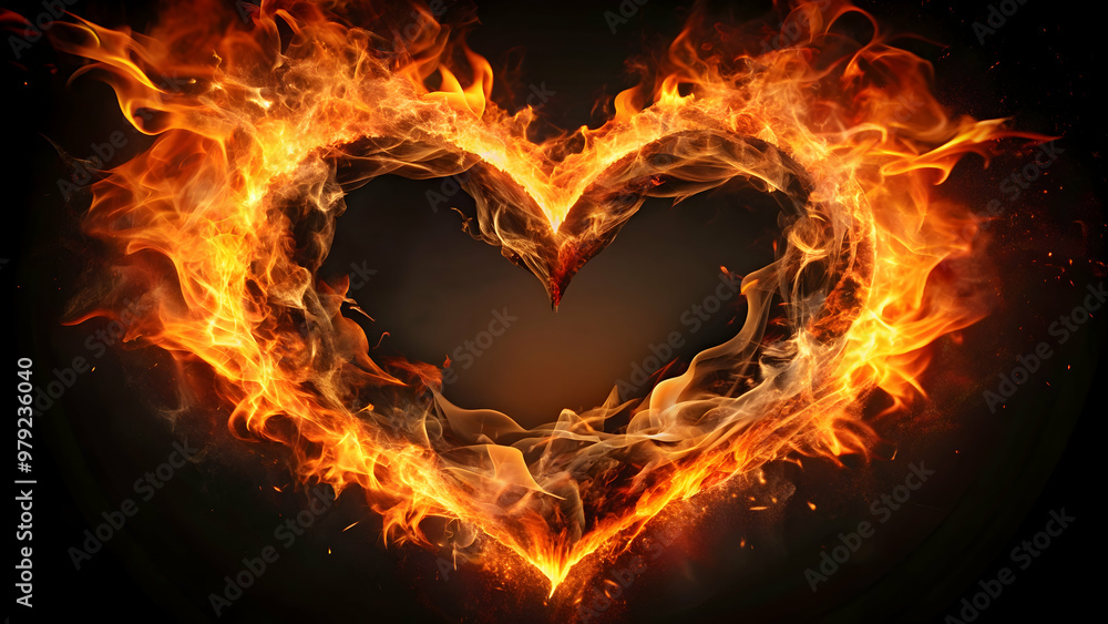 Fototapeta premium Heart of fire, embers within, flaming, heart, flames, burning, passion, love, heat, fiery, red, hot, warmth, intense