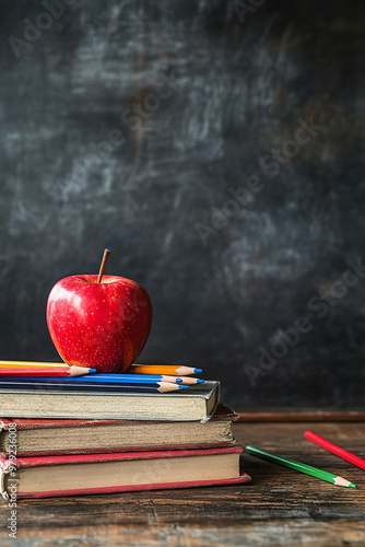 Apple On Stack Of Books With Pencils And Blank Chalkboard photo