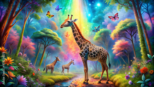 Fototapeta Naklejka Na Ścianę i Meble -  Giraffe and butterfly surrounded by vibrant psychedelic forest animals in a trippy nature landscape, giraffe, butterfly