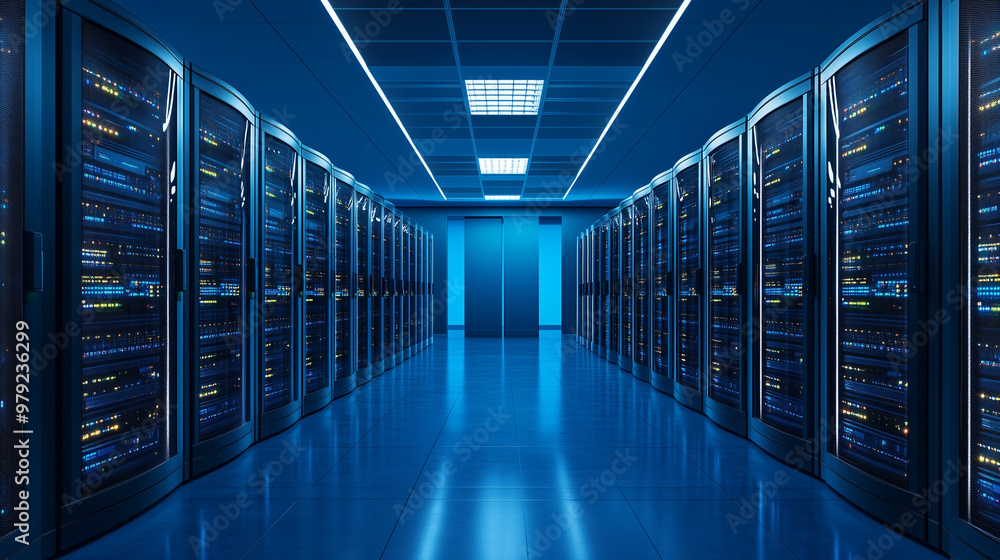 Fototapeta premium Server racks in computer network security server room data center 3D render dark blue. 3d waiter