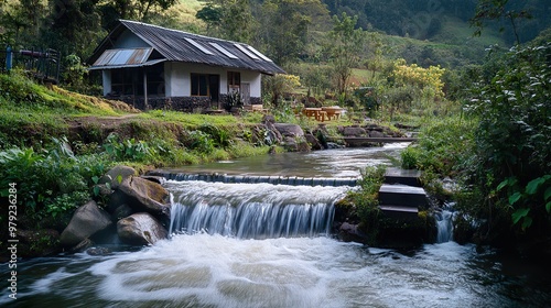 A small, efficient micro hydropower plant nestled by a fast-flowing stream in a rural community photo