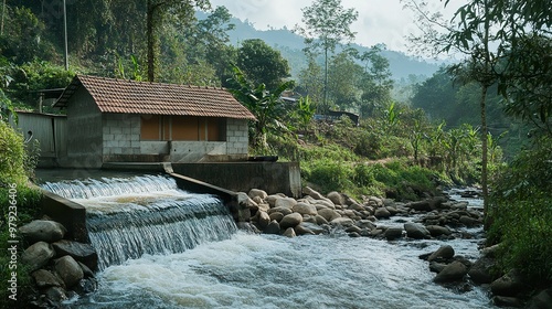 A small, efficient micro hydropower plant nestled by a fast-flowing stream in a rural community photo