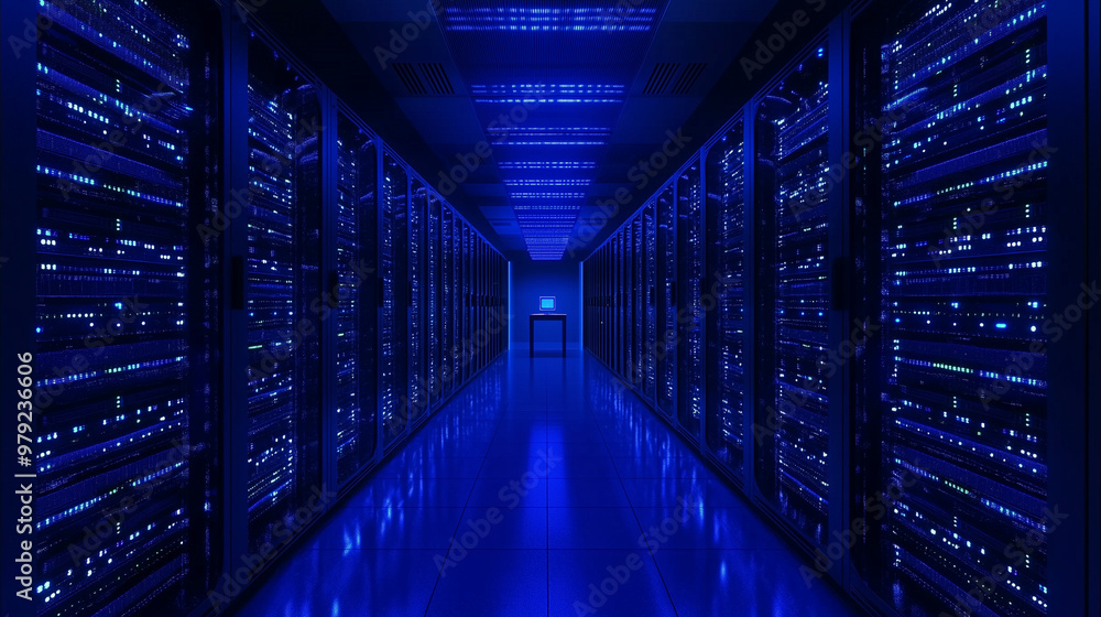 Fototapeta premium Server racks in computer network security server room data center 3D render dark blue. 3d waiter