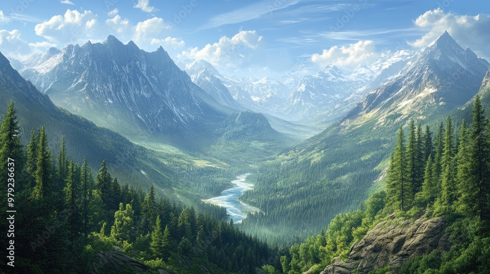 A scenic panoramic view of forested valleys and towering mountains, creating a serene and expansive natural landscape. A scenic panoramic view of forested valleys and towering mountains, creating a serene and expansive natural landscape.