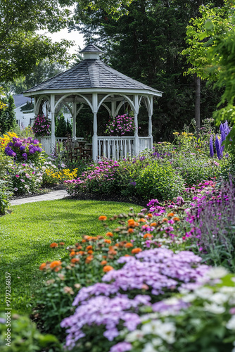 Charming village garden with a classic gazebo, flower beds, and serene surroundings photo